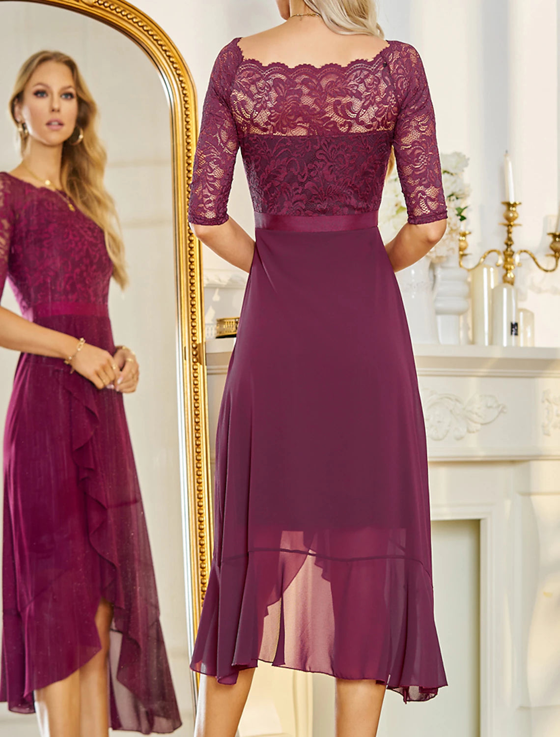 Wholesale A-Line Cocktail Dresses Vintage Dress Party Wear Cocktail Party Knee Length Short Sleeve Jewel Neck Fall Wedding Guest Lace with Pleats